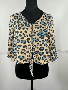 Urban Romantics Blue Leopard Print Tie Front Blouse Size Small